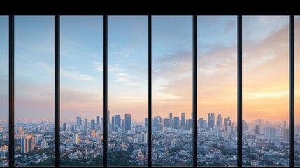 Fototapeta premium Panoramic City Skyline Sunset View From Large Window