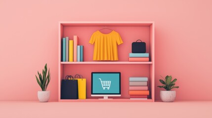minimalist e commerce concept with computer screen, shopping bags, books, and plants on pink shelf