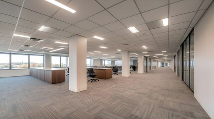 Spacious Modern Office Interior with Gray Carpet and City View