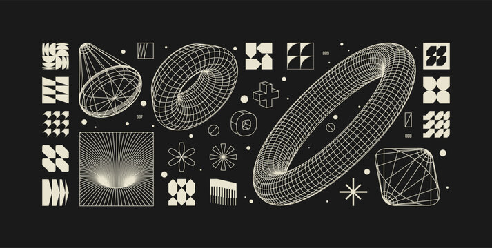 Vector graphic assets kit acid style, Postmodern abstract geometric shapes with wireframe elements of different forms, Y2K trendy design  in brutalism aesthetics, template symbols set 3