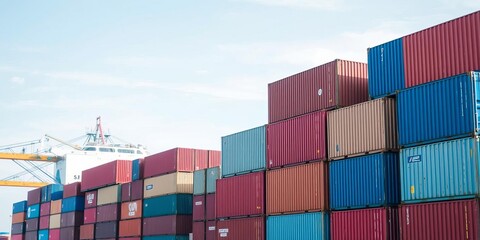 Close up view of vibrant shipping containers stacked neatly on a freighter deck, shipping containers, international trade, cargo