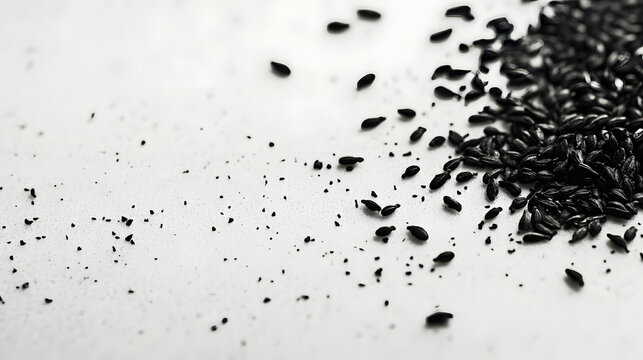 Black cumin seeds scattered on a pristine white surface, each seed showing a clear and distinct shape.Black cumin seeds scattered on a pristine white surface, each seed showing a clear and distinct sh