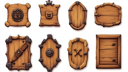 Naklejka premium A set of wooden plaques, game-style icons for the game isolated on a white background