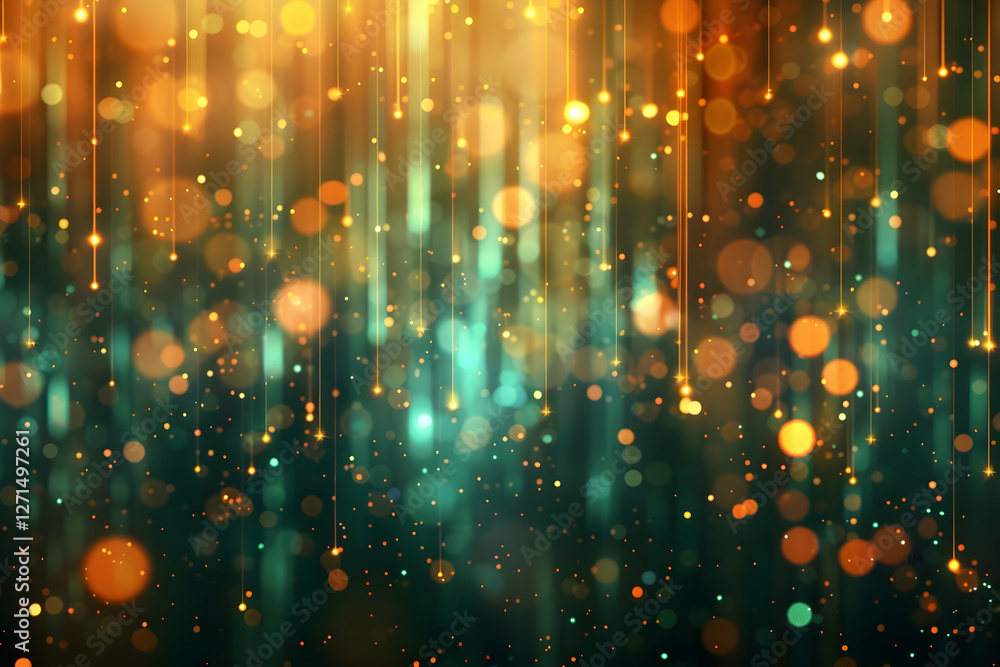 Poster abstract background with shimmering golden and teal bokeh lights creating a festive atmosphere