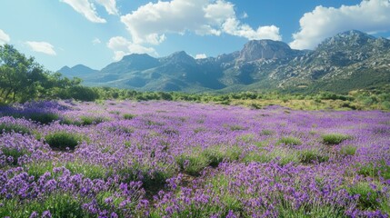 Fototapeta premium Expansive Lavender Field under Blue Sky with Majestic Mountains