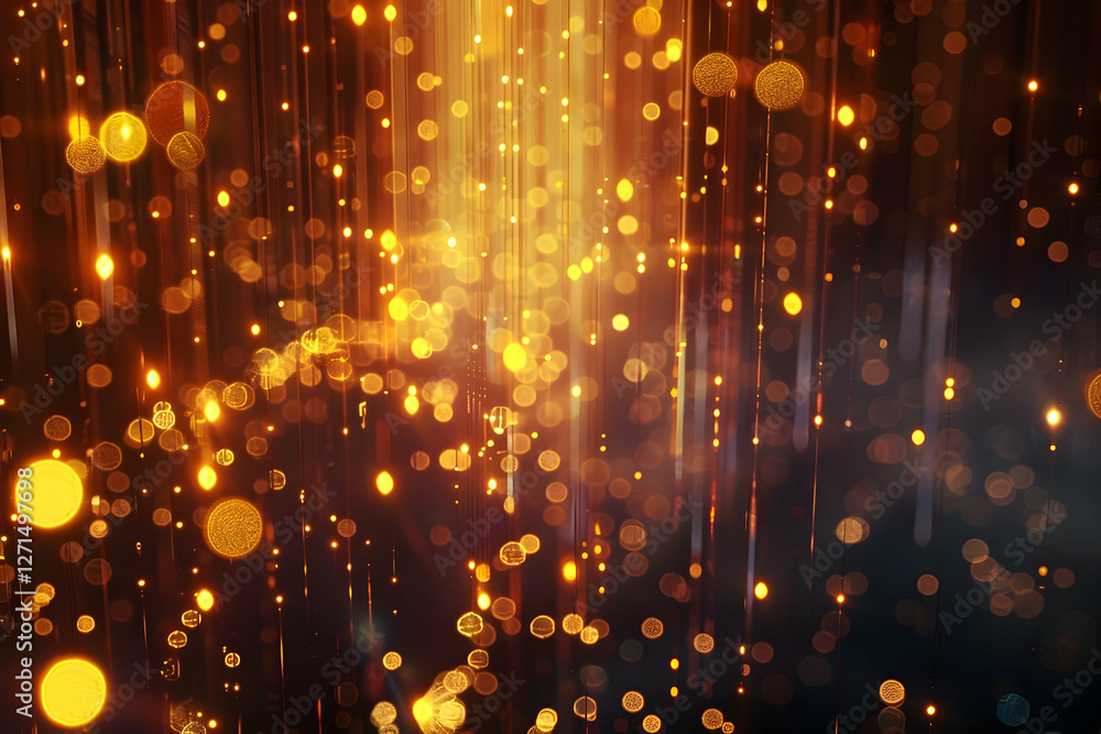 Poster abstract golden bokeh background with shimmering lights and vertical streaks, creating a festive atm