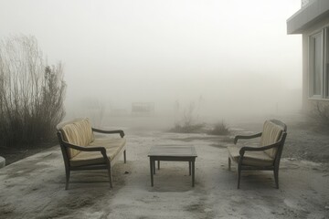 Obraz premium A residential area with a thin layer of dust on outdoor furniture and the surrounding environment obscured by a grey haze .