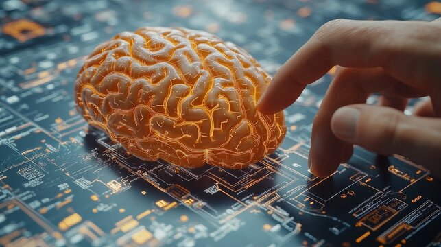 Human hand interacting with glowing brain model on circuit board.