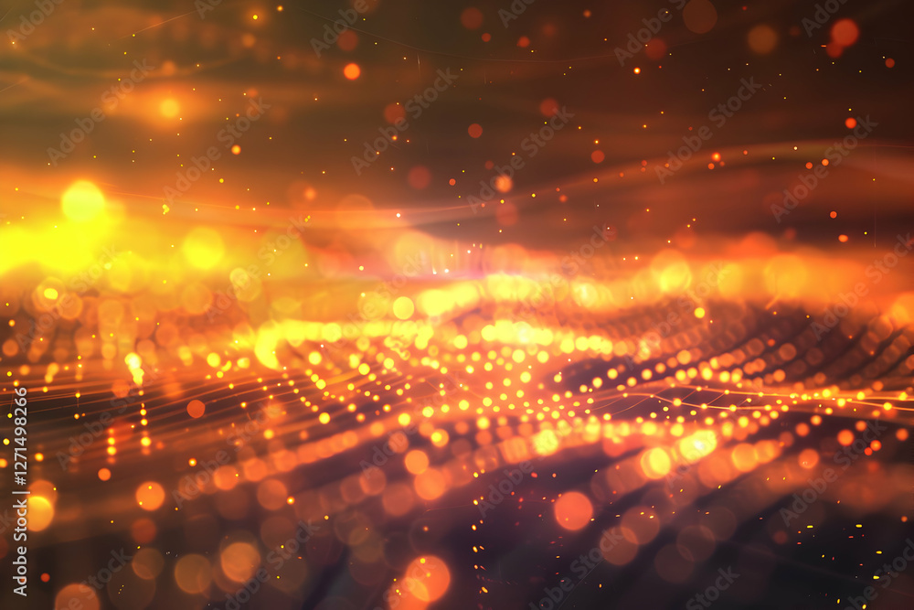 Poster abstract glowing particles creating a dynamic wave pattern in a warm, vibrant atmosphere
