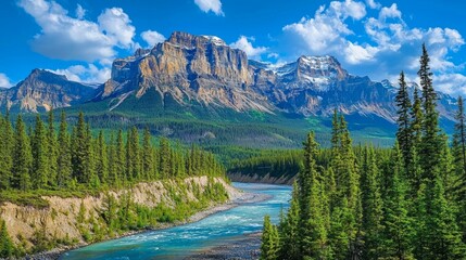 Scenic Mountain Landscape with River and Pine Trees in Nature