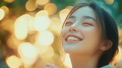 A playful Asian woman with a fresh complexion, glowing skin, and a joyful expression, exuding natural beauty and confidence. Ideal for skincare, cosmetics, wellness, self-care, and beauty product