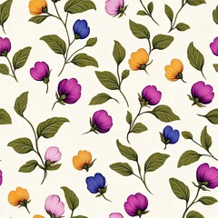 Colorful Floral Pattern Featuring Purple, Pink, Orange, and Blue Flowers with Green Leaves
