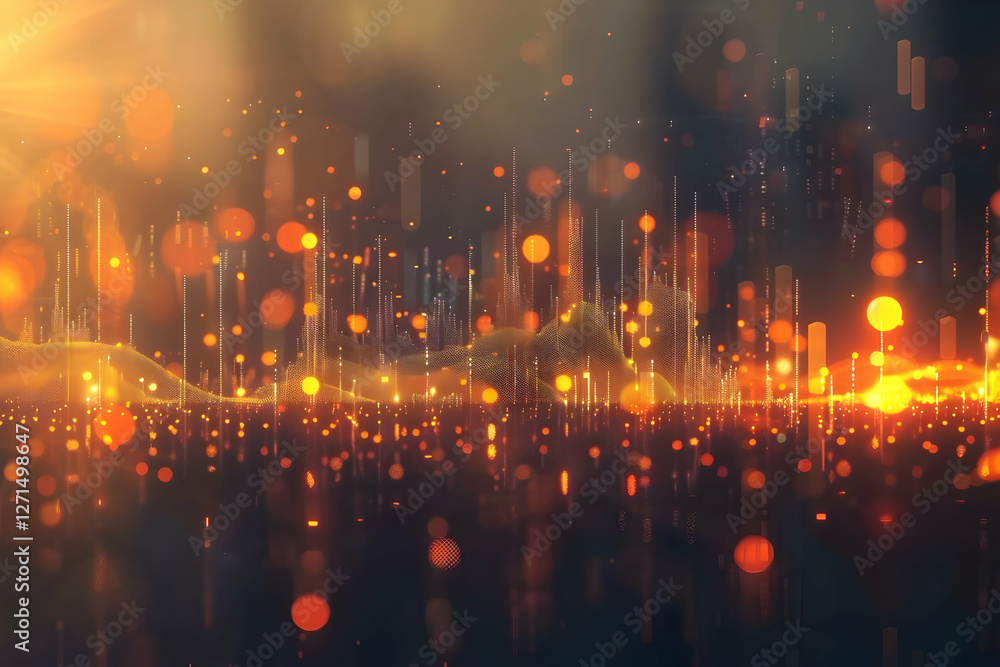 Poster abstract representation of sound waves with glowing particles in a vibrant sunset background