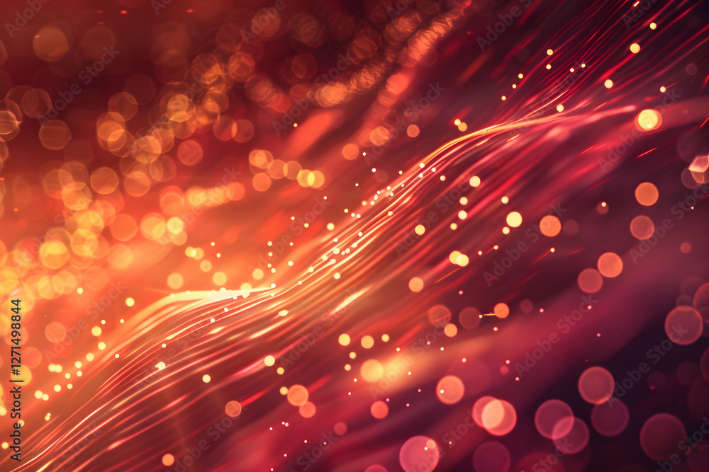 Poster abstract wave of vibrant orange and red light with glowing bokeh effects in the background