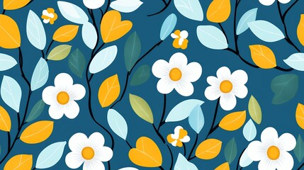 Colorful Floral Pattern Featuring White Flowers and Orange Leaves on a Blue Background