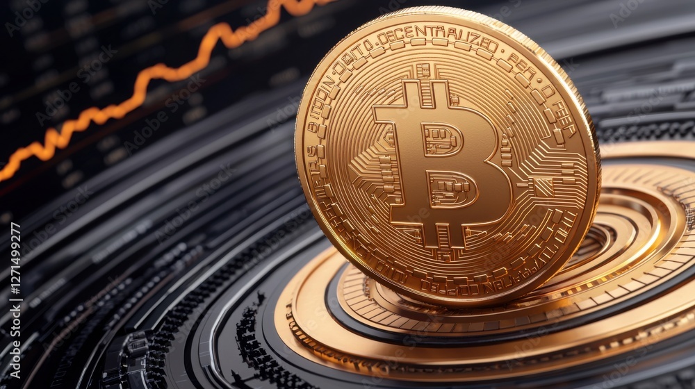 Poster golden bitcoin on abstract circular background with graph trend