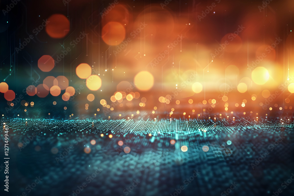 Poster abstract digital background with glowing bokeh lights and shimmering surface, creating a vibrant atm