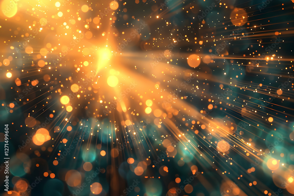 Poster abstract light burst with golden particles and rays creating a vibrant, dynamic background