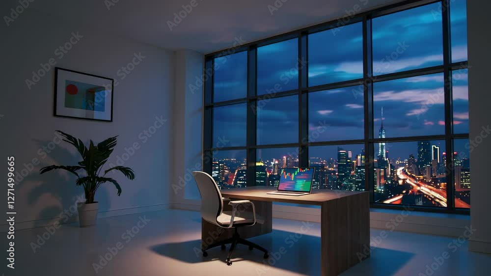 Poster finance and trading concept with charts displayed on a computer screen in a modern office overlookin