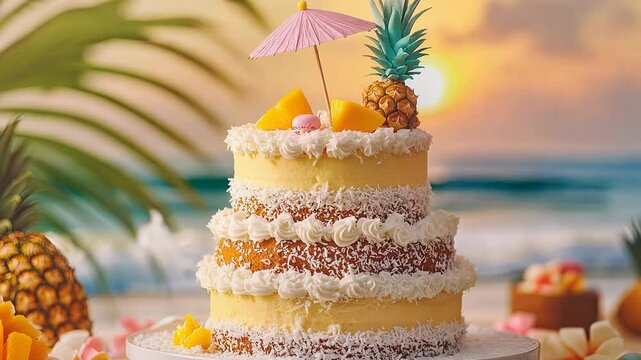 Close-up of a tropical cake with pineapple on top, placed in the front. The background consists of a sea and a sandy beach. The cake has many layers and is adorned with a pink umbrella