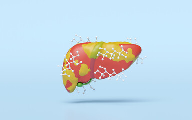 3d fatty liver disease with glucose molecule isolated on blue background. 3d illustration render