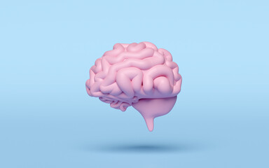 3d pink brain icon isolated on blue background. 3d illustration render