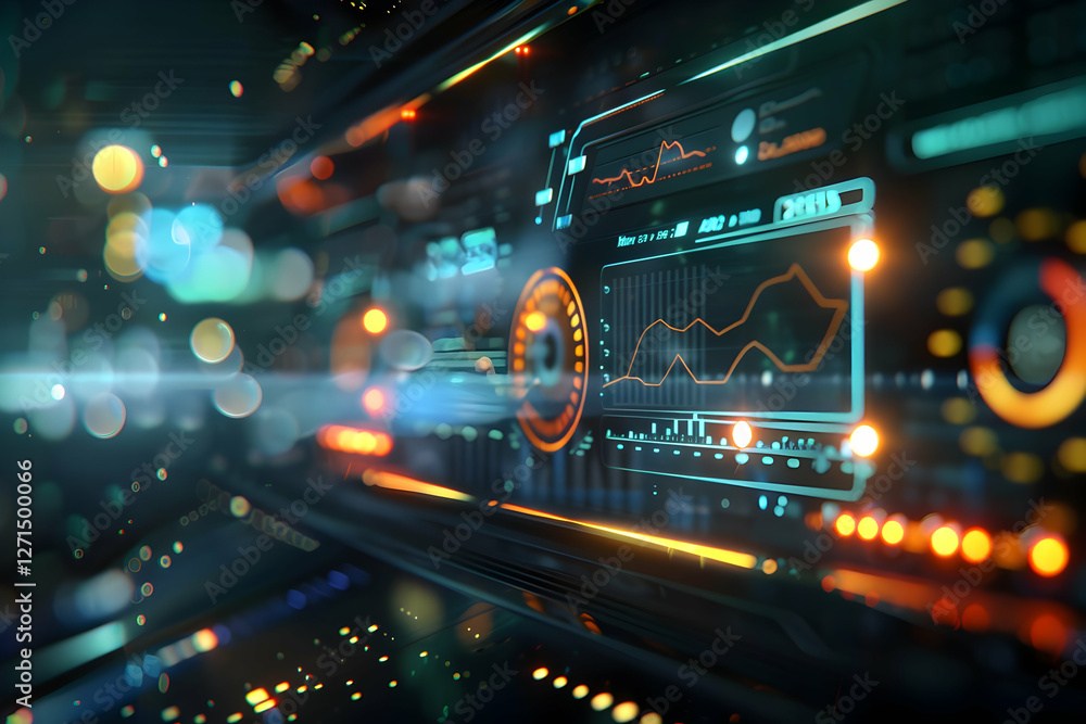 Poster futuristic data visualization interface with glowing graphs and vibrant lights in a tech environment
