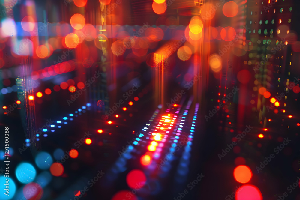 Poster Abstract view of illuminated circuit board with colorful lights reflecting in a tech environment