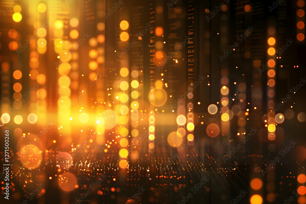 Poster abstract light patterns with glowing orbs and vertical lines creating a vibrant digital atmosphere
