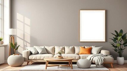 Empty poster frame leaning against a cozy interior wall with warm lighting and decor items, mockup, cozy, design