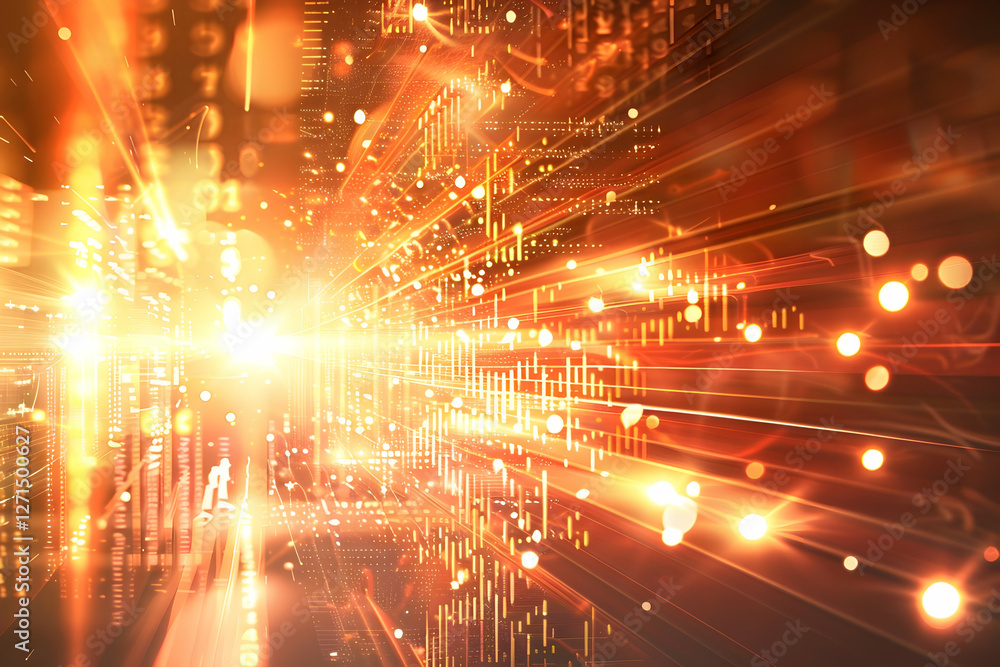 Poster abstract representation of digital data flow with bright light beams and glowing particles