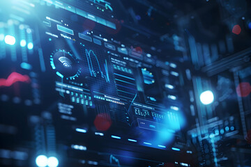 Obraz premium Futuristic digital interface displaying data analytics and graphs in a high-tech environment