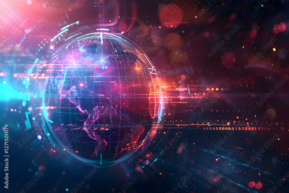 Aufkleber futuristic digital globe with vibrant colors and light trails representing data flow and connectivit