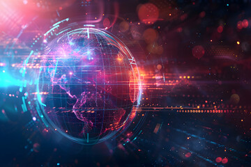 Futuristic digital globe with vibrant colors and light trails representing data flow and connectivity