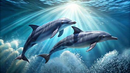 Fototapeta premium Oceanic Grace Two Dolphins Swimming in Sunlit Waters, Bubbles and Waves Surrounding Them