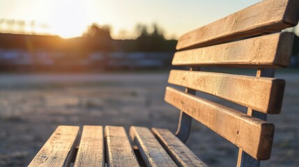Fototapeta premium Wooden park bench at sunset, empty, peaceful setting, outdoors