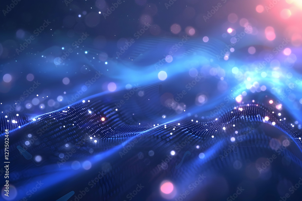 Poster abstract digital waves with glowing particles flowing in a serene blue background