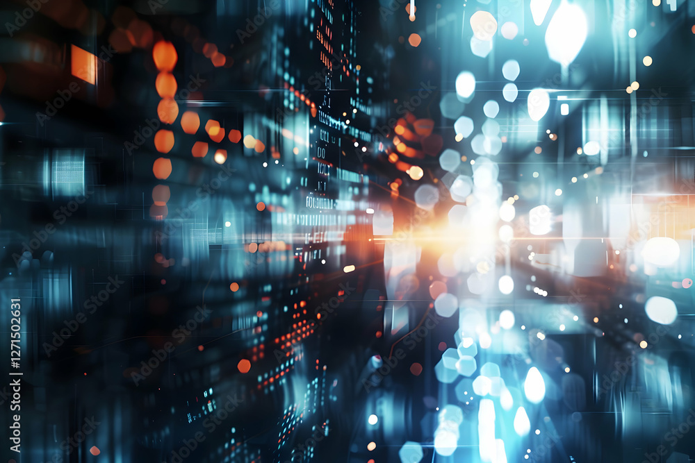 Poster abstract digital background showcasing vibrant light trails and data flow in a futuristic cityscape