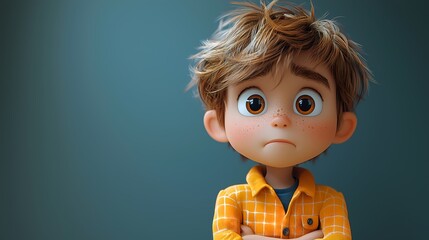 Animated Boy's Pensive Expression: a cute animated boy with expressive big eyes. He is lost in thought, arms crossed, conveying a sense of introspection and quiet contemplation.