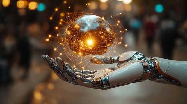 Robotic hand holding glowing orb, futuristic city background.