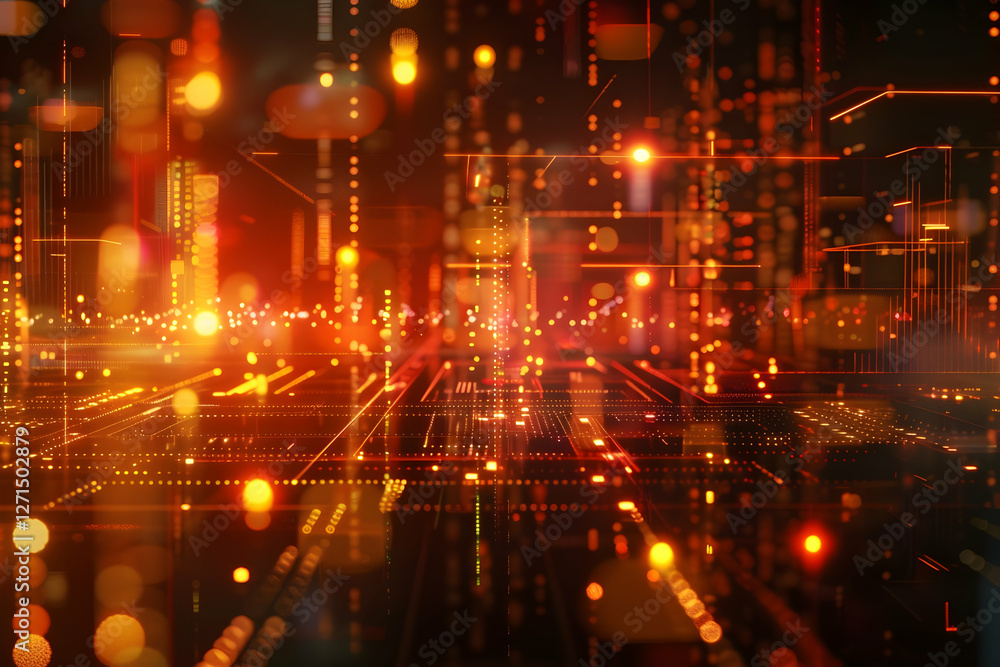 Poster abstract representation of a vibrant digital landscape with glowing lights and data streams