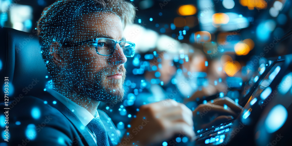 Poster man navigating futuristic digital interface in vehicle cockpit focusing on artificial intelligence a
