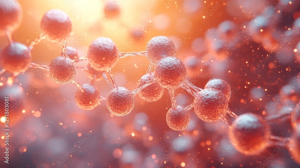 Aufkleber abstract 3d rendering of a molecule chain with glowing particles in warm tones.