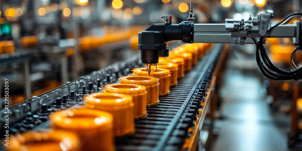 Poster ai-driven robotic arm conducting predictive maintenance on industrial conveyor with precision in mod