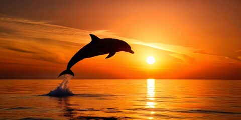 Naklejka premium Silhouette of a dolphin leaping gracefully from the ocean during a vibrant sunset, showcasing the beauty of nature's spectacle