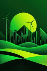 Green Cityscape with Wind Turbines and Abstract Mountains