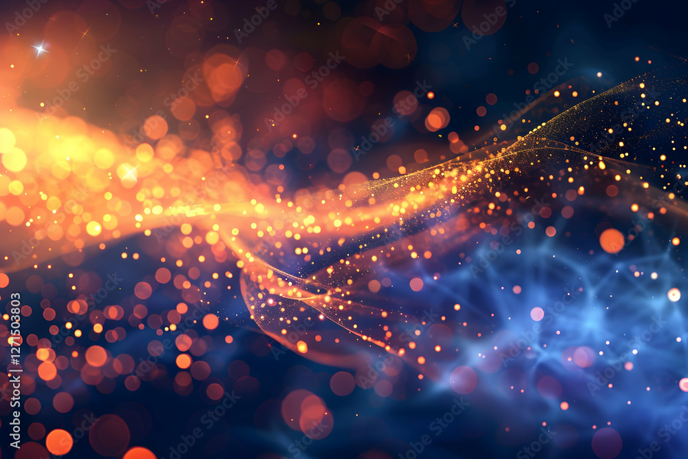 Poster abstract light waves with glowing particles swirling through a dark background, creating a mystical 