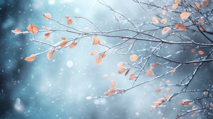 Frosty winter branch with falling leaves and bokeh background.