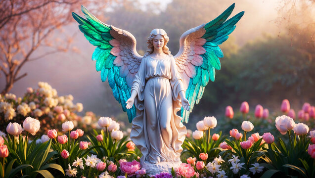 statue of beautiful spring angel in floral garden in peaceful day