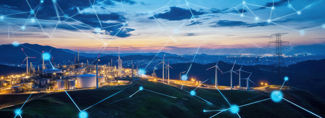 futuristic energy plant with wind turbines, power lines, and digital network overlay at sunset